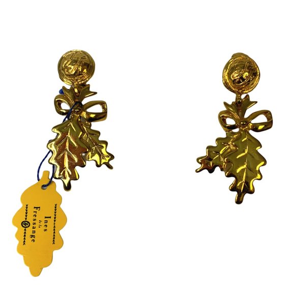 Ines de la Fressange Gold Ribbon Leaves Earrings - Picture 1 of 6